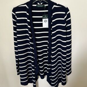 Lauren Ralph Lauren Blue White Striped Open Hang Long Sleeve Cardigan